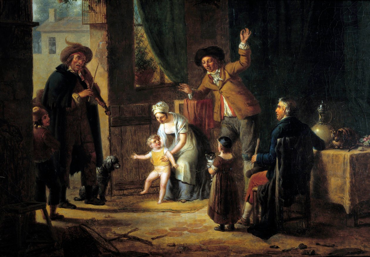 Gezici müzisyen Bir kemancı, bir müstakil evin kapısında müzik çalıyor. Anonim resim. 1819 Paris, Dekoratif Sanatlar by Unknown artist