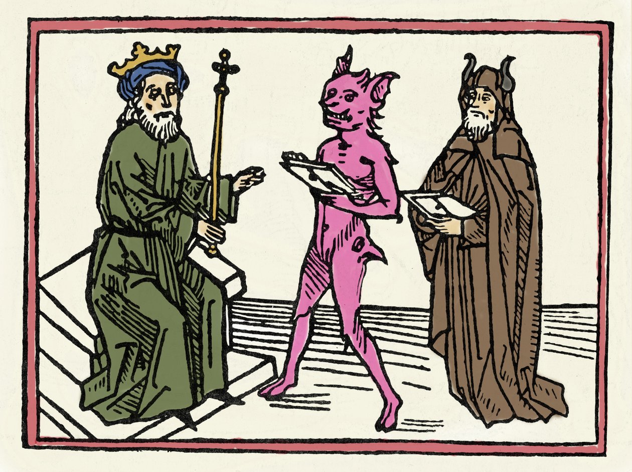 Belial'in duruşması: “Demon Belial, Yargıç Süleyman'a itimatnamelerini sunar” “Belial'in Yargılanmasından Gravür”, Jacobus de Teramo (veya Palladino), Ausburg by Unknown artist