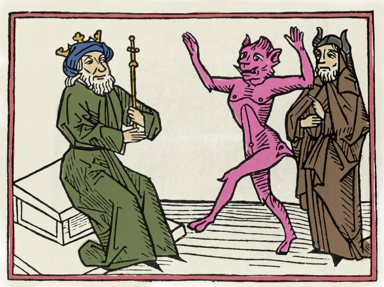Belial'in duruşması: “” İblis Belial, Yargıç Süleyman'ın önünde dans ediyor””” Jacobus de Teramo (veya Palladino), Ausburg'a ait “Belial'in Yargılanması”ndan gravür by Unknown artist