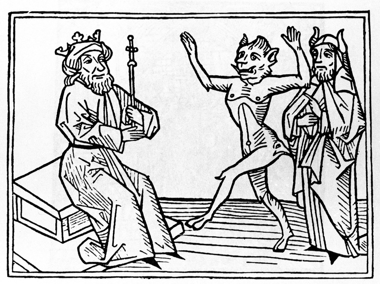 Belial'in duruşması: “” İblis Belial, Yargıç Süleyman'ın önünde dans ediyor””” Jacobus de Teramo (veya Palladino), Ausburg'a ait “Belial'in Yargılanması”ndan gravür by Unknown artist