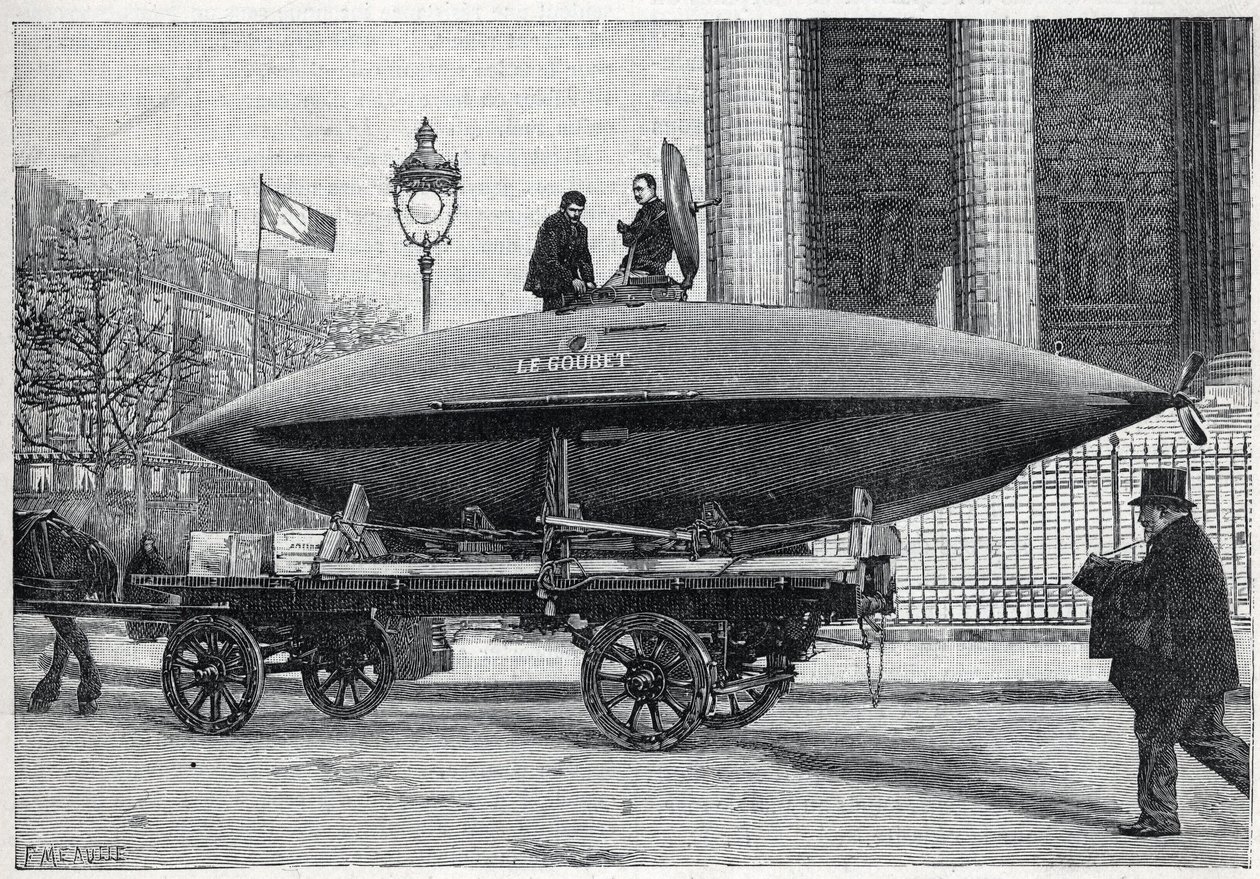 Deneyler için taşınan sualtı teknesi (denizaltı) “Le Goubet”, Paris