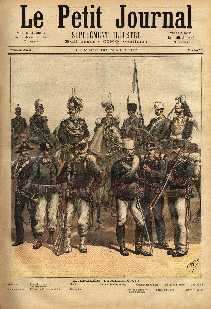 İtalyan ordusunun üniformaları, soldan sağa bir at: topçu, süvari subayı, general, jandarma albay, kılavuzların subayı, 10. mızrak alayı, yüzüncü. Ayakta soldan sağa: karabina, th by Unknown artist