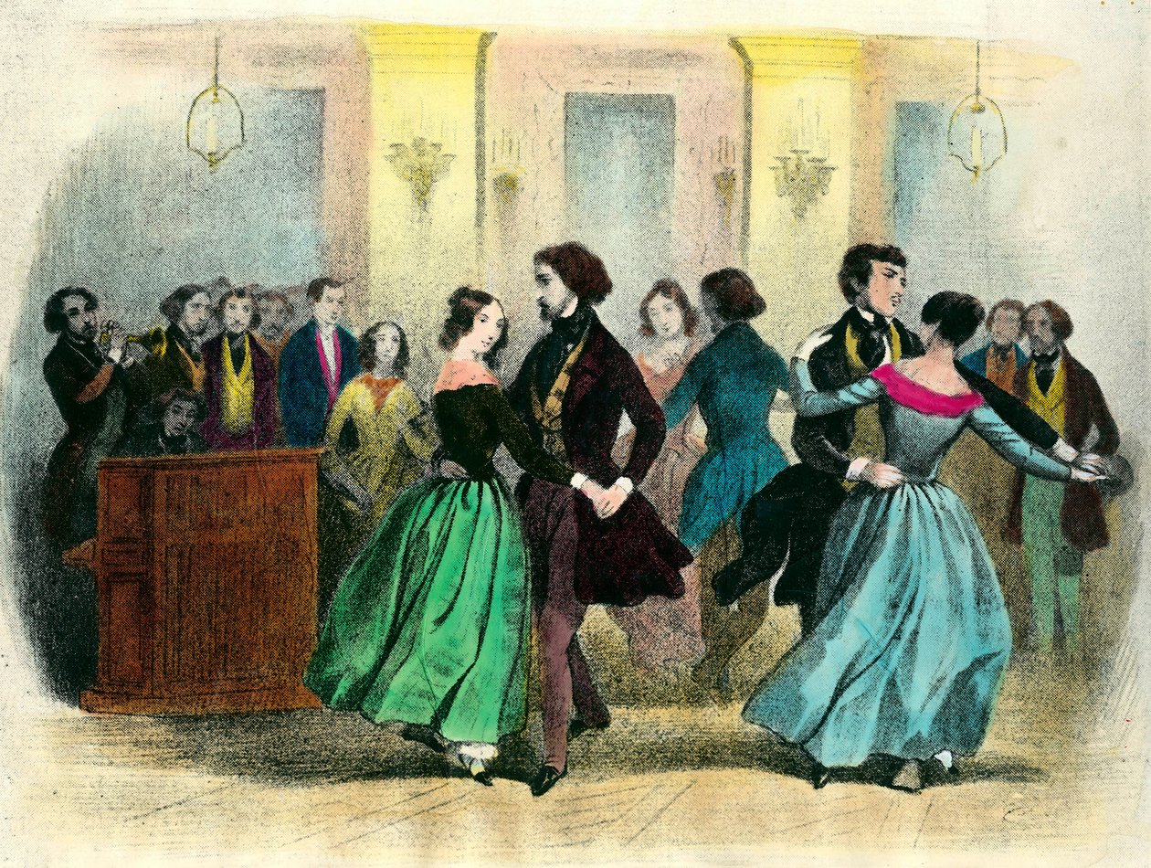Vals: orta sınıftan bir top. 19. yüzyıl litografisi. by Unknown artist