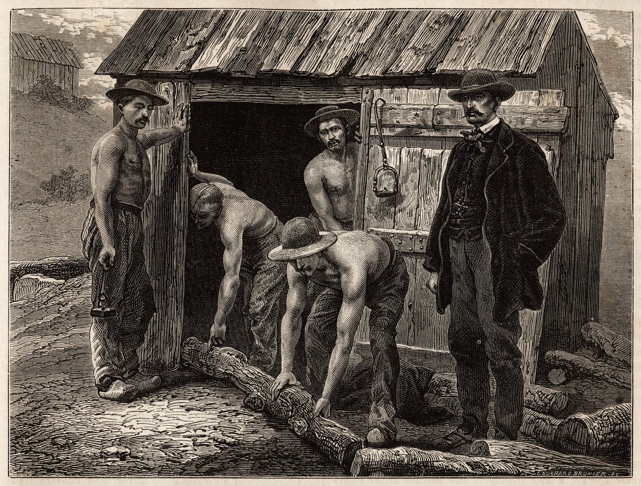 Montchanin madeninin ahşap işçileri, onları eğimli kuyuya atıyor; kostümlü, madenin baş mühendisi manevraları denetler. 1865