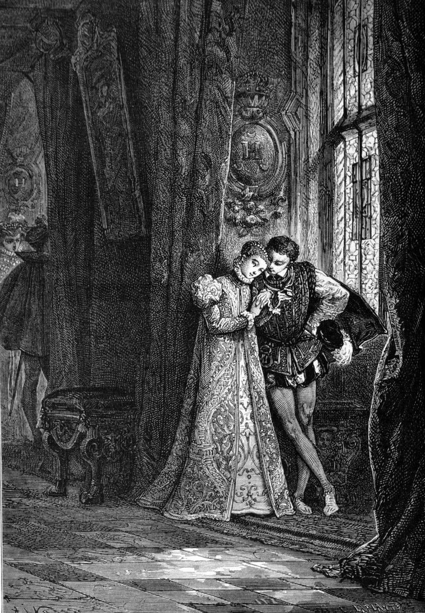 Genç nişanlıları Marie Iere Stuart (1542 - 1587) ve II. François (1544 - 1560), sırlarını saklamak için kendilerini bir kenara bırakmayı severdi. 19. yüzyılın gravürü. by Unknown artist