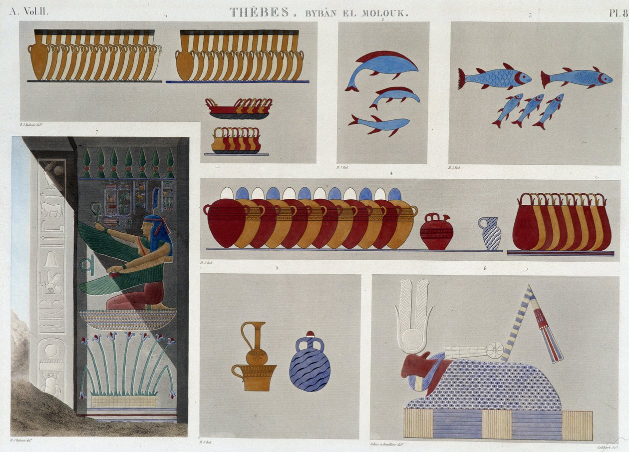 Teb: Bybân el Molouk. pl 87: Doğudaki 5. kral mezarının resimleri, “Mısır Antikaları”nda aynı mezarın girişinden 7. kısma, sd. 19. yüzyıl by Unknown artist