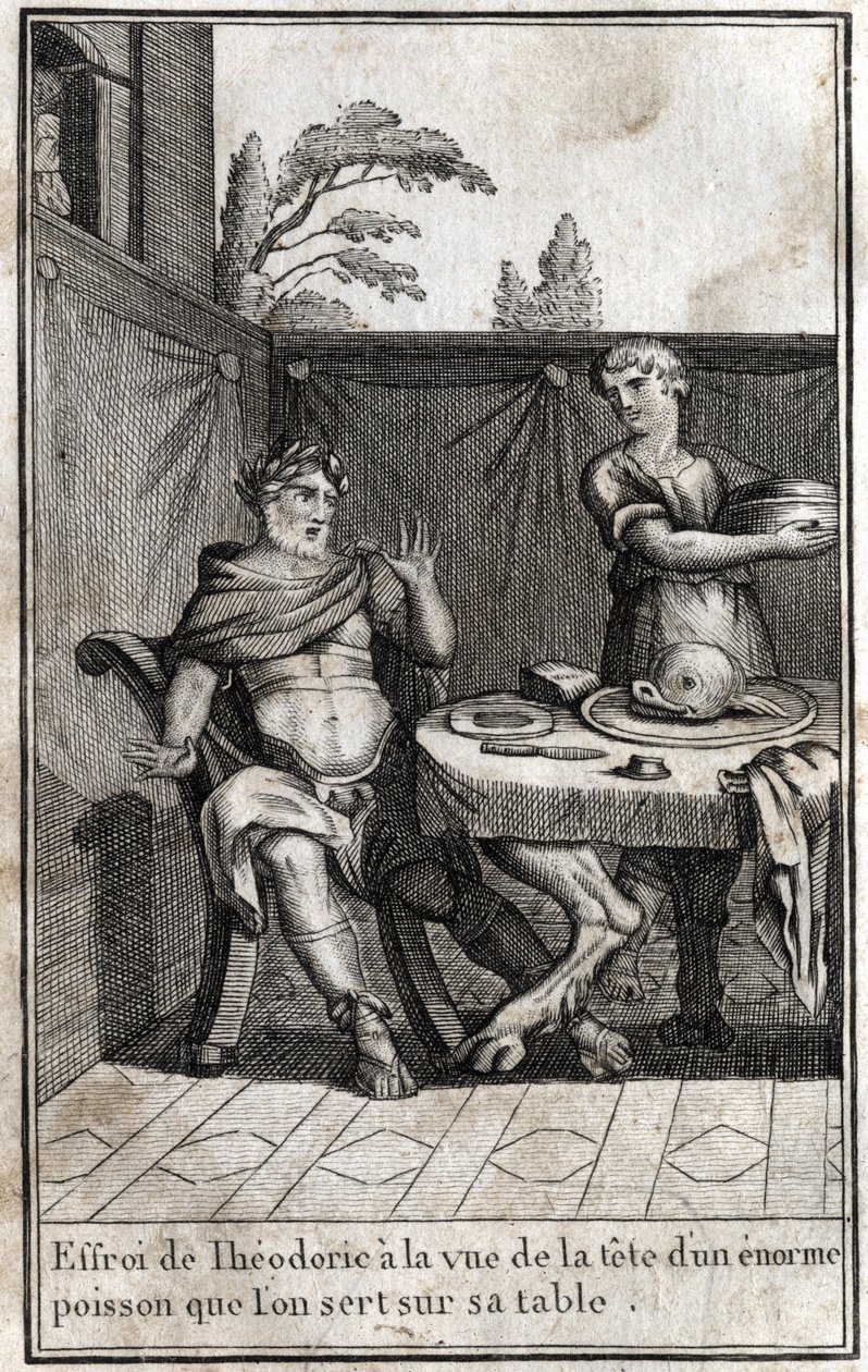 Gotların kralı Theodoric the Great (yaklaşık 454/455-526), masasında hizmet veren büyük bir balığın başını görünce korkar. P. J. B. N. 1814