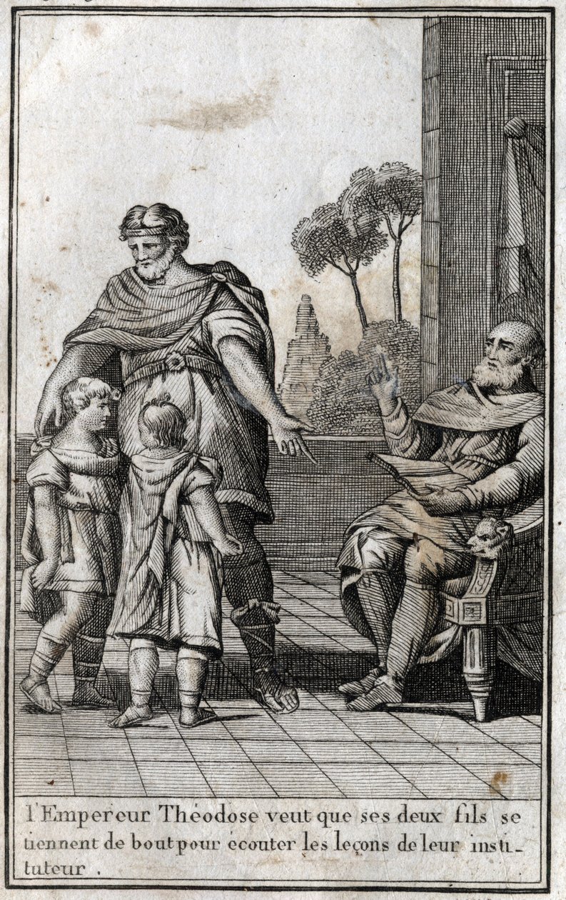 Theodosius I (Flavius Theodosius) (347-395), Roma imparatoru, iki oğlu Arcadius (377-408) ve Honorius (384-423), öğretmenlerinin derslerini dinlemek için ayağa kalkmalarını istiyor. 4. yüzyıl. P. by Unknown artist