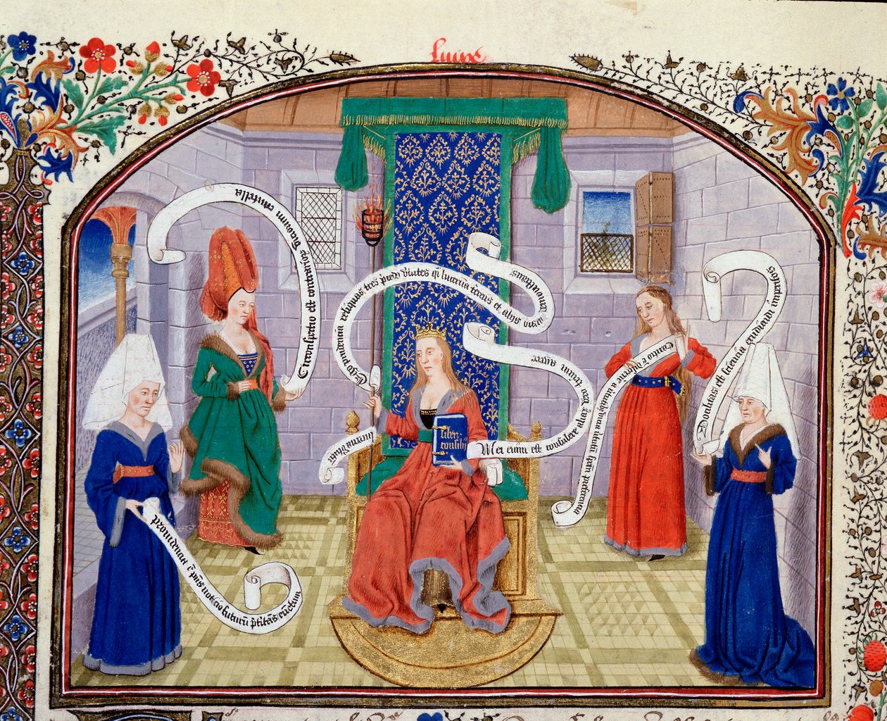 Entelektüel erdemler teorisi. Sözler filakterlere yazılmıştır. El yazmasından minyatür (Ms 927 Fol.93v) Nicolas Oresme (1325-1382) tarafından Yunan filozof Aristoteles