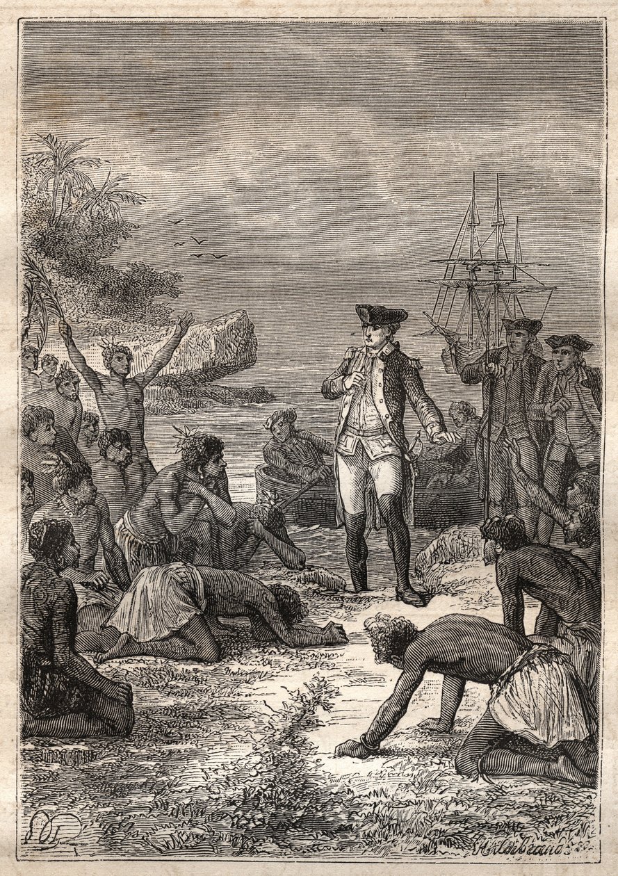 Kaptan James Cook (1728-1779) tarafından üçüncü sefer (1776-1779): Cook, yerliler tarafından karşılandı (Hawaii) - “18. Yüzyılın Büyük Denizcileri”nden alınan çizim” by Unknown artist