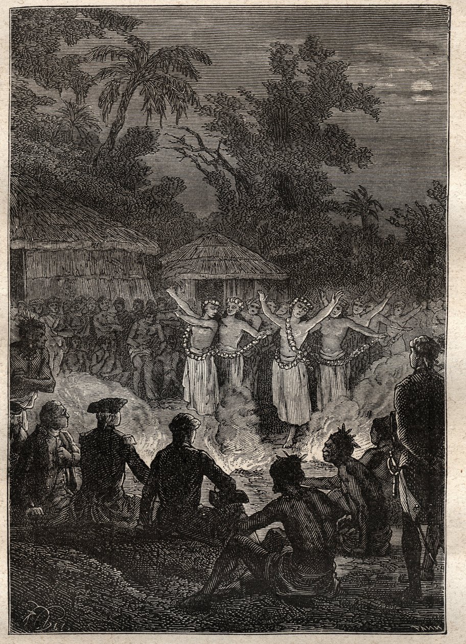 Kaptan James Cook (1728-1779) tarafından üçüncü sefer (1776-1779): Dost adalarında bir ziyafet (Tonga Krallığı, Polinezya) - “18. Yüzyılın Büyük Denizcileri”nden alınan çizim” by Unknown artist