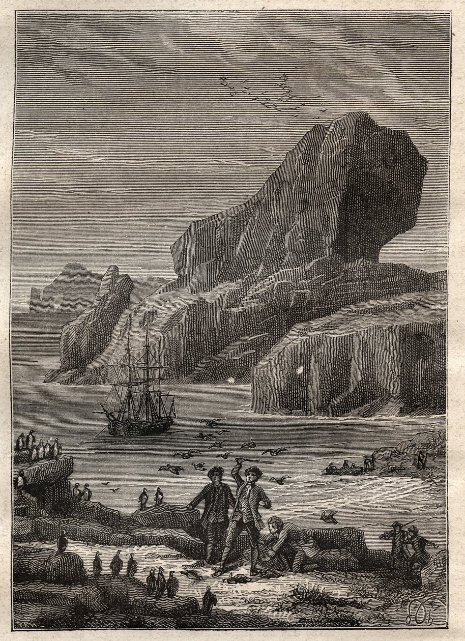 Kaptan James Cook (1728-1779) tarafından üçüncü sefer (1776-1779): Kerguelen adaları (Kerguelen takımadaları, Antarktika) - "" 18. Yüzyılın Büyük Denizcileri"nden alınan çizim by Unknown artist