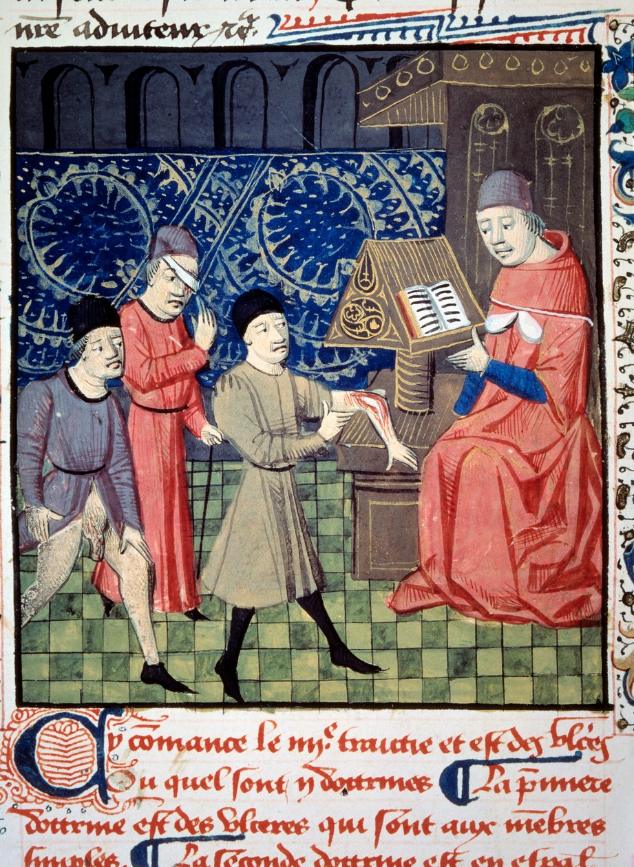Kolunda, gözünde ve cinsiyetinde ülseri olan üç hasta doktorun önünde. Guy de Chauliac (1290? 1368) tarafından yazılan “” Cerrahiden” (Folio 66) minyatür. 15. yüzyıl el yazması. BN, Paris by Unknown artist