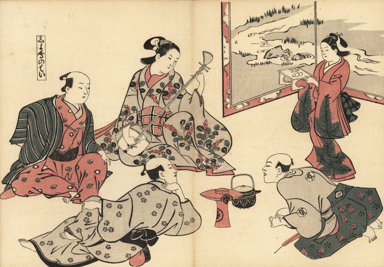 Üç samuray, bir fahişenin shamisen çalmasını dinlerken, bir kamuro tepsiye yiyecek getirir. Fuzoku Emakimono'dan Masanobu Okumura (1686-1764) tarafından tahta baskı, Su Ticaretinin Resimli Parşömeni, Tokyo, 1880 dolaylarında yeniden basım. by Unknown artist