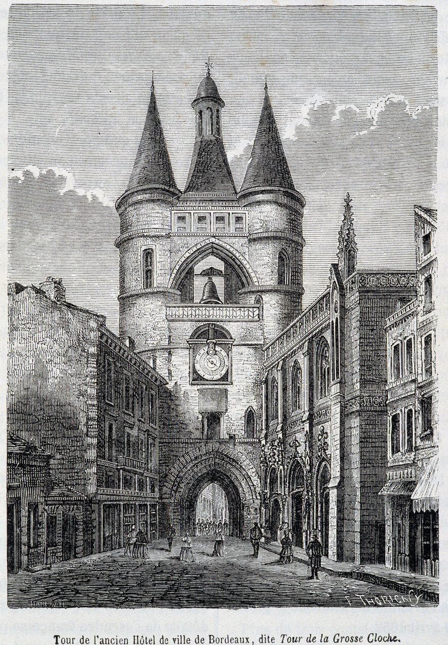 "Tour de la Grosse Bell" olarak bilinen eski Hôtel de Ville de Bordeaux kulesi - gravür by Unknown artist