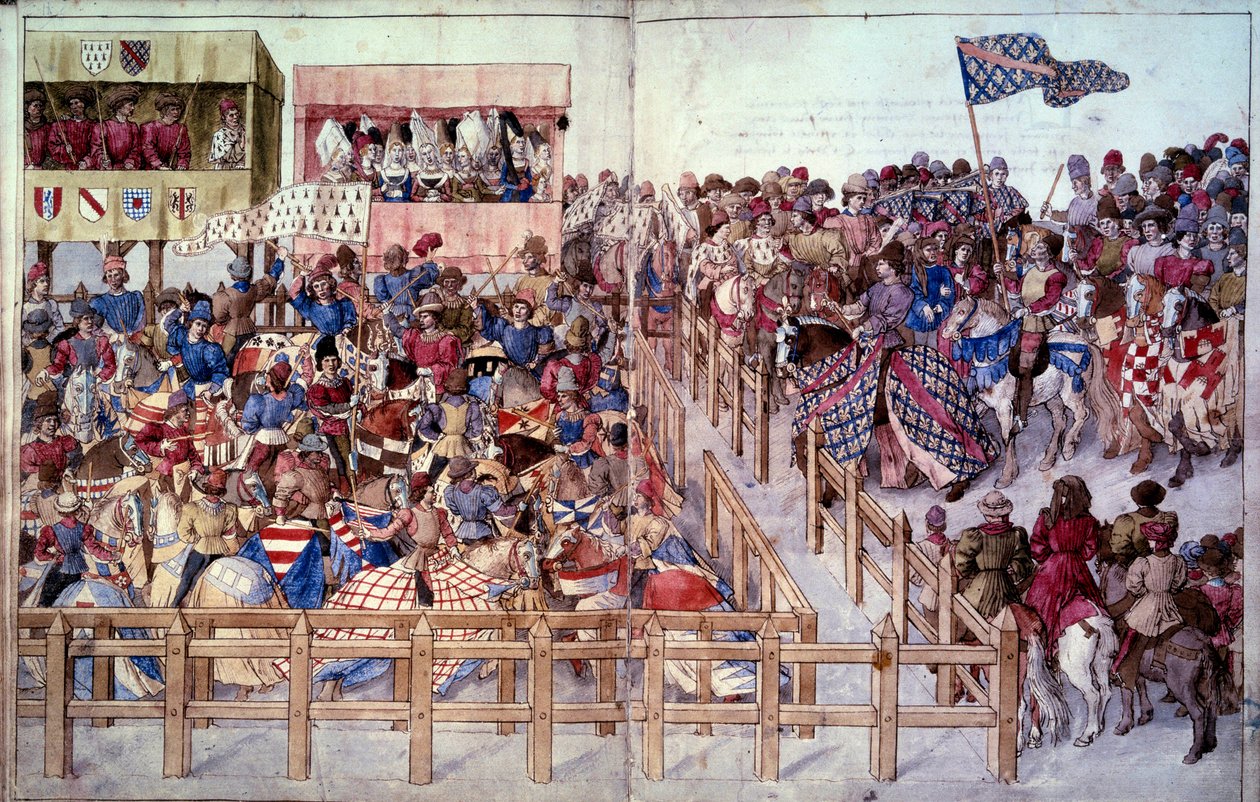 Turnuva: Dönen şövalyeler, lordların tribünlerinin önündeki yarışmada yemin ederler. “Traite des turnuvalarda” minyatür” by Unknown artist