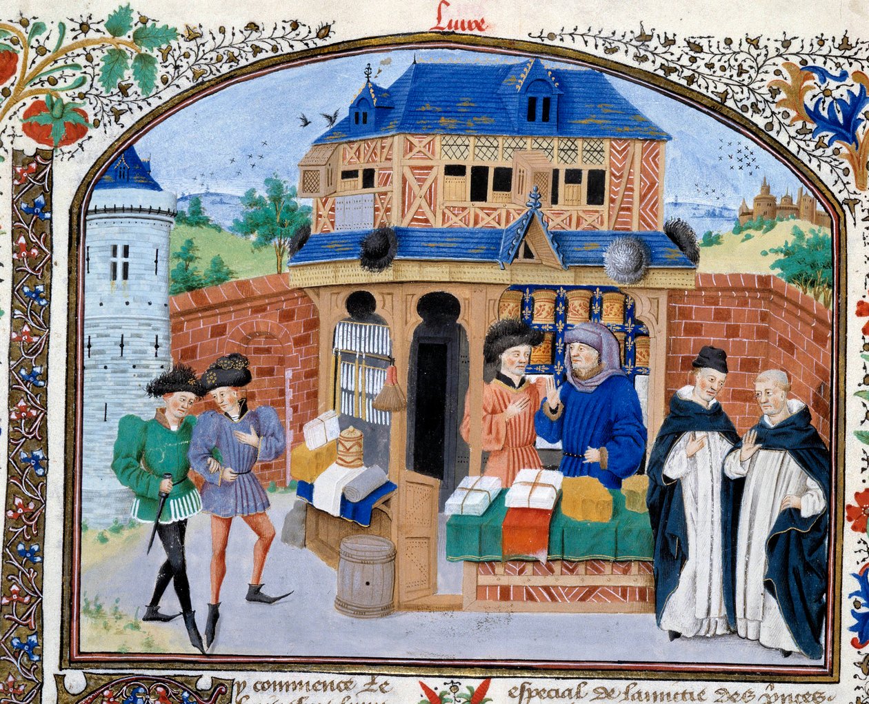 Ticaret: bir tüccar dükkanı. Nicolas Oresme (1325-1382) tarafından tercüme edilen Yunan filozof Aristoteles