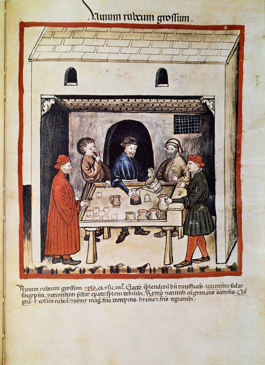Bir doktora davranın: “” kırmızı şarap, bir tavernada şarap içen bir grup erkek”” “” Tacuinum sanitatis”ten alınan sayfa” (Cod. ser. nov. 2644) 1400 civarında Viyana, Osterreischische Nationalbibliothek by Unknown artist