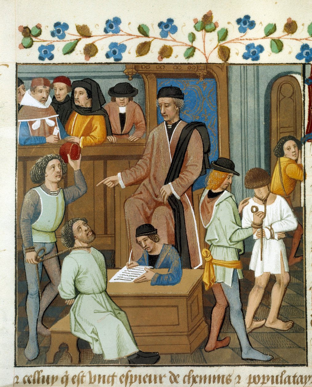 Duruşma sahnesi: Yargıç, boynuna ip geçirmiş bir hükümlüyü sorguya çeker. Bir el yazmasından minyatür. 15. yüzyıl Paris, B.N. by Unknown artist