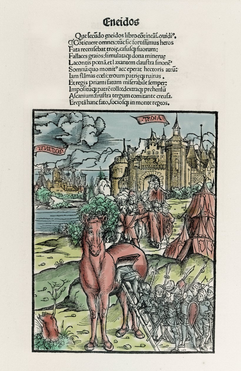 Truva: Yunan savaşçılar atı şehir surlarını geçtikten sonra bırakırlar. Eneide. Sebastian Brant tarafından Xylography. Strazburg by Unknown artist