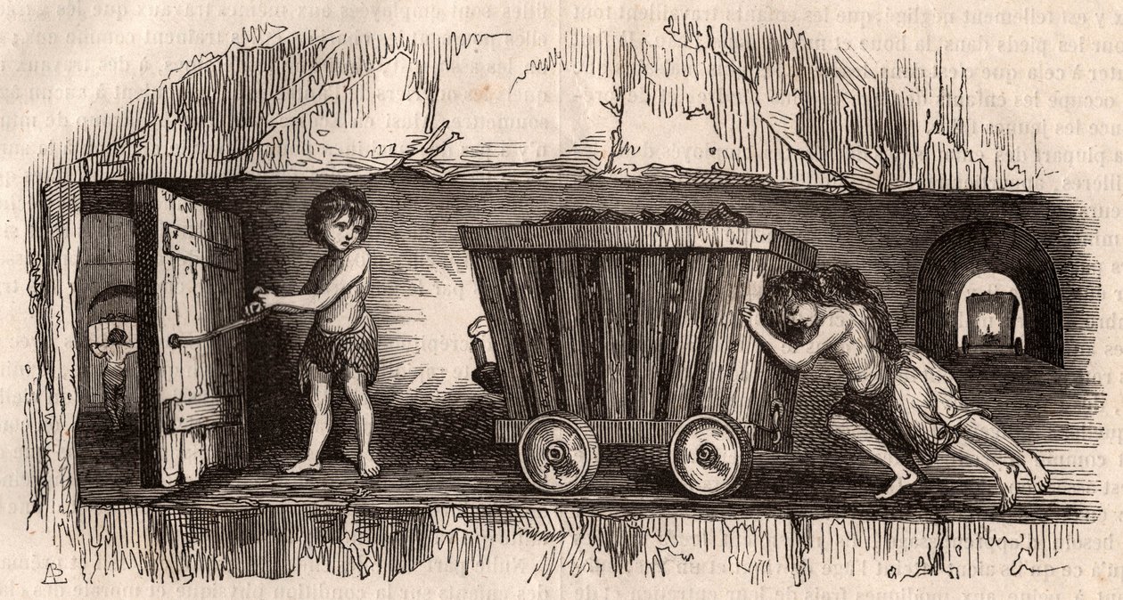 Bir İngiliz kömür madeninde tramvayı iten iki çocuk, üçüncüsü, Tuzakçı bir kapı açar by Unknown