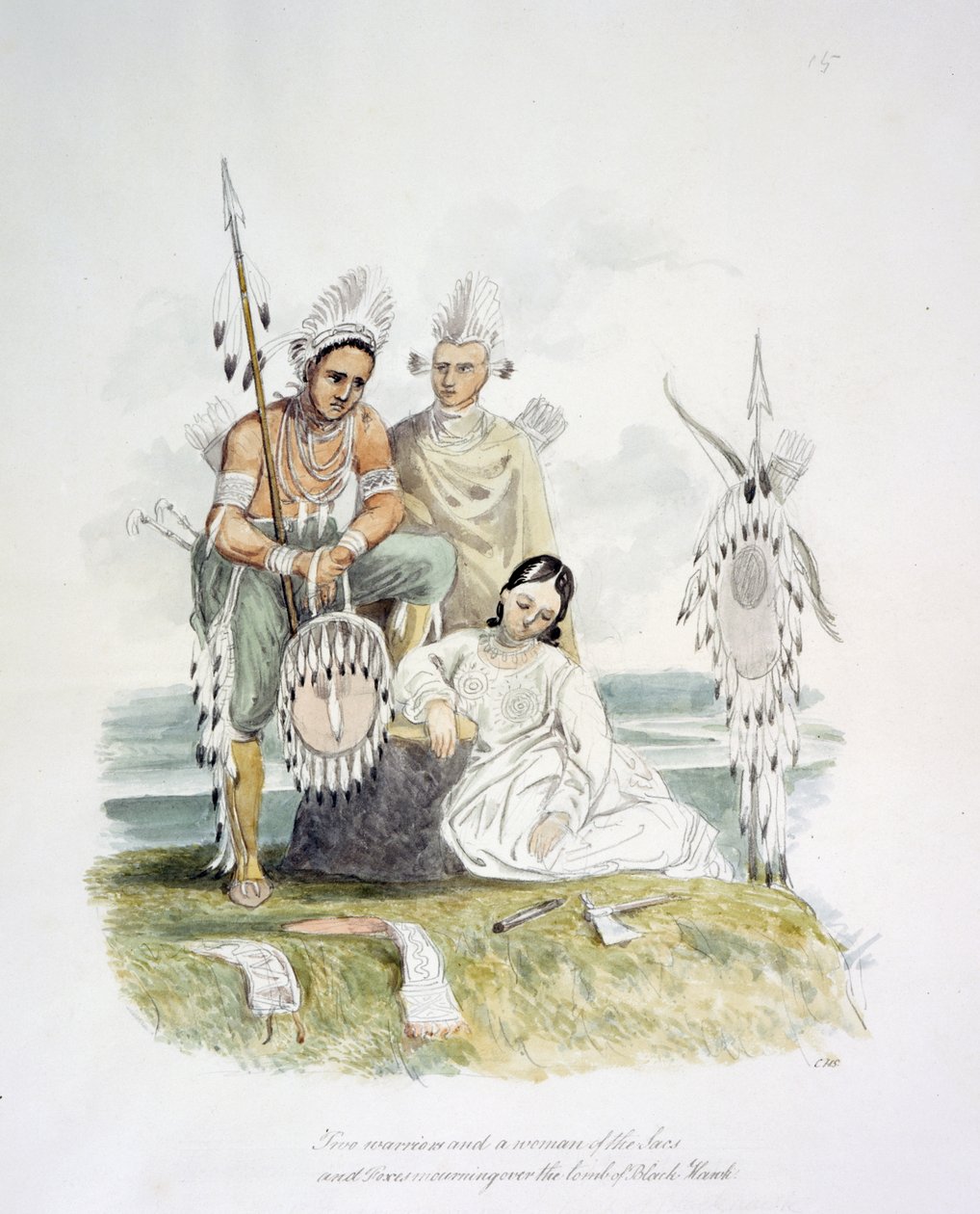 İki savaşçı ve Sacs and Foxes'tan bir kadın, Kara Şahin'in mezarı için yas tutuyor, 1843-50 dolayları (suluboya) by Unknown artist