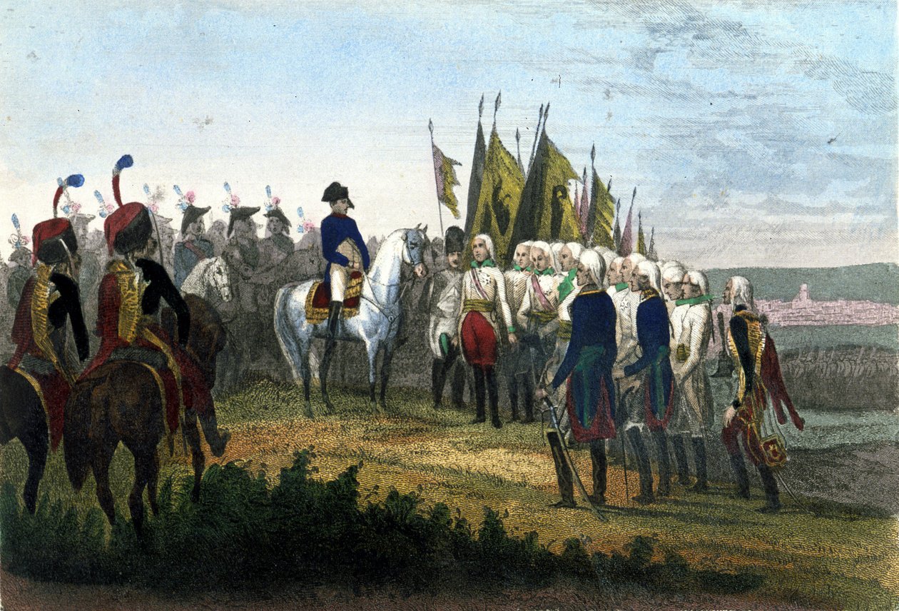 Ulm teslim ol. 20/10/1805. Avusturya ordusu Napolyon birliklerini yendi. 19. yüzyılın gravürü. by Unknown artist