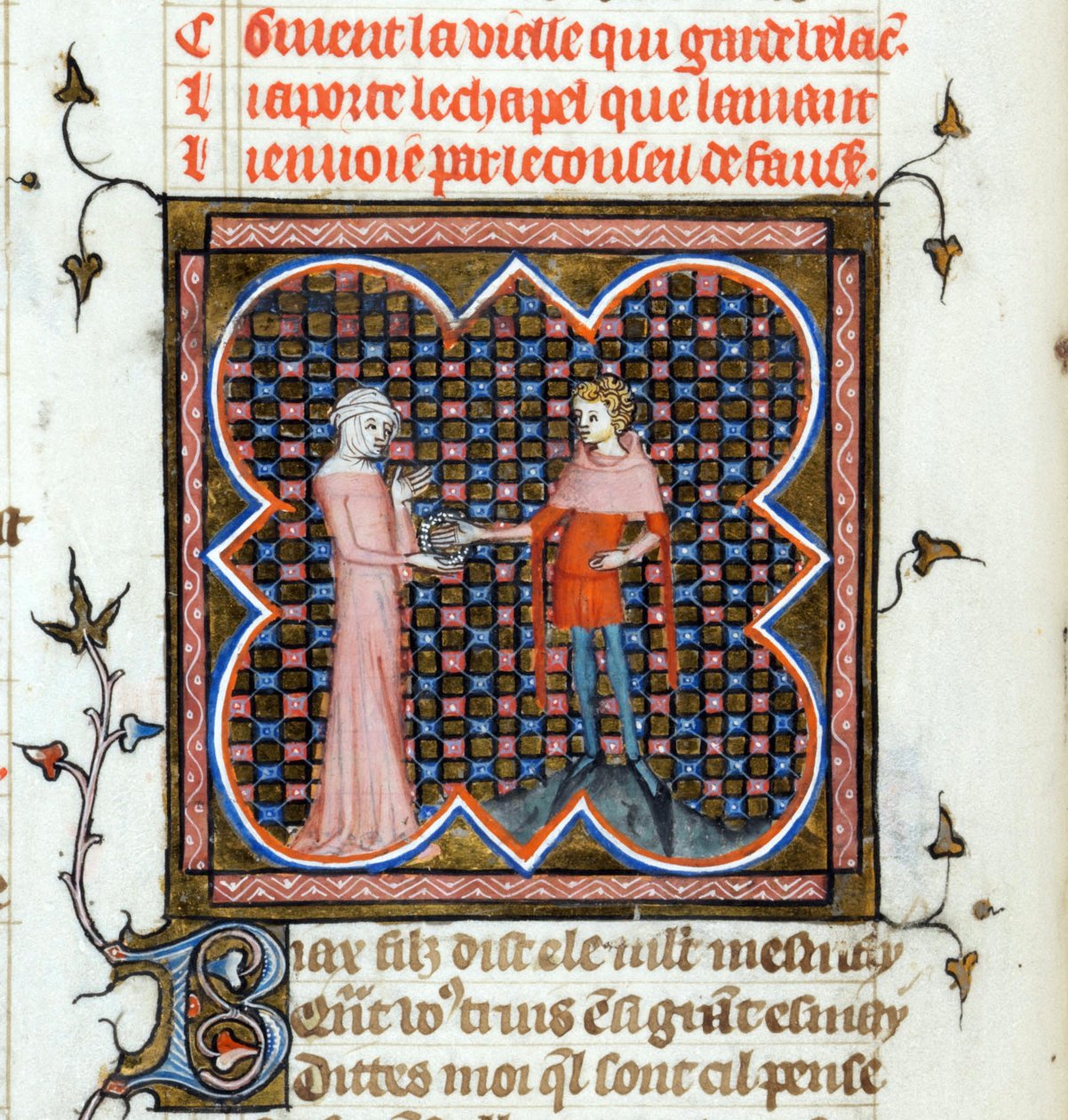 ""Genç bir adam ve yaşlı bir kadın"" Guillaume de Lorris (1200-1238 civarında) ve Jean de Meun (Meung) (1240-1305) tarafından 1353 civarında İsviçre tarafından yazılan "Le Roman de la Rose" adlı el yazmasından ışıklı sayfa Cenevre Kütüphanesi by Unknown artist