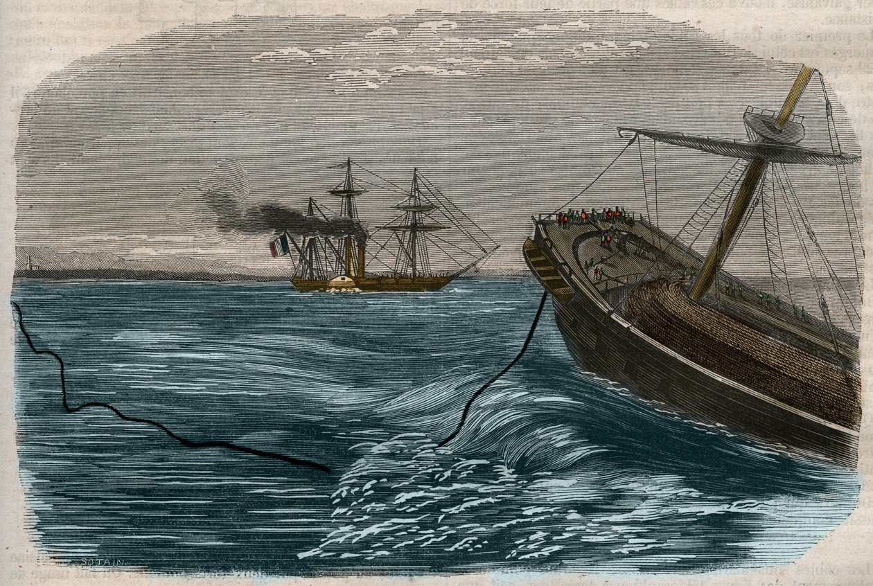 Sualtı telgraf hatları: Bir denizaltı kablosunun döşenmesi (denizaltı) 1857 gravürü. by Unknown artist