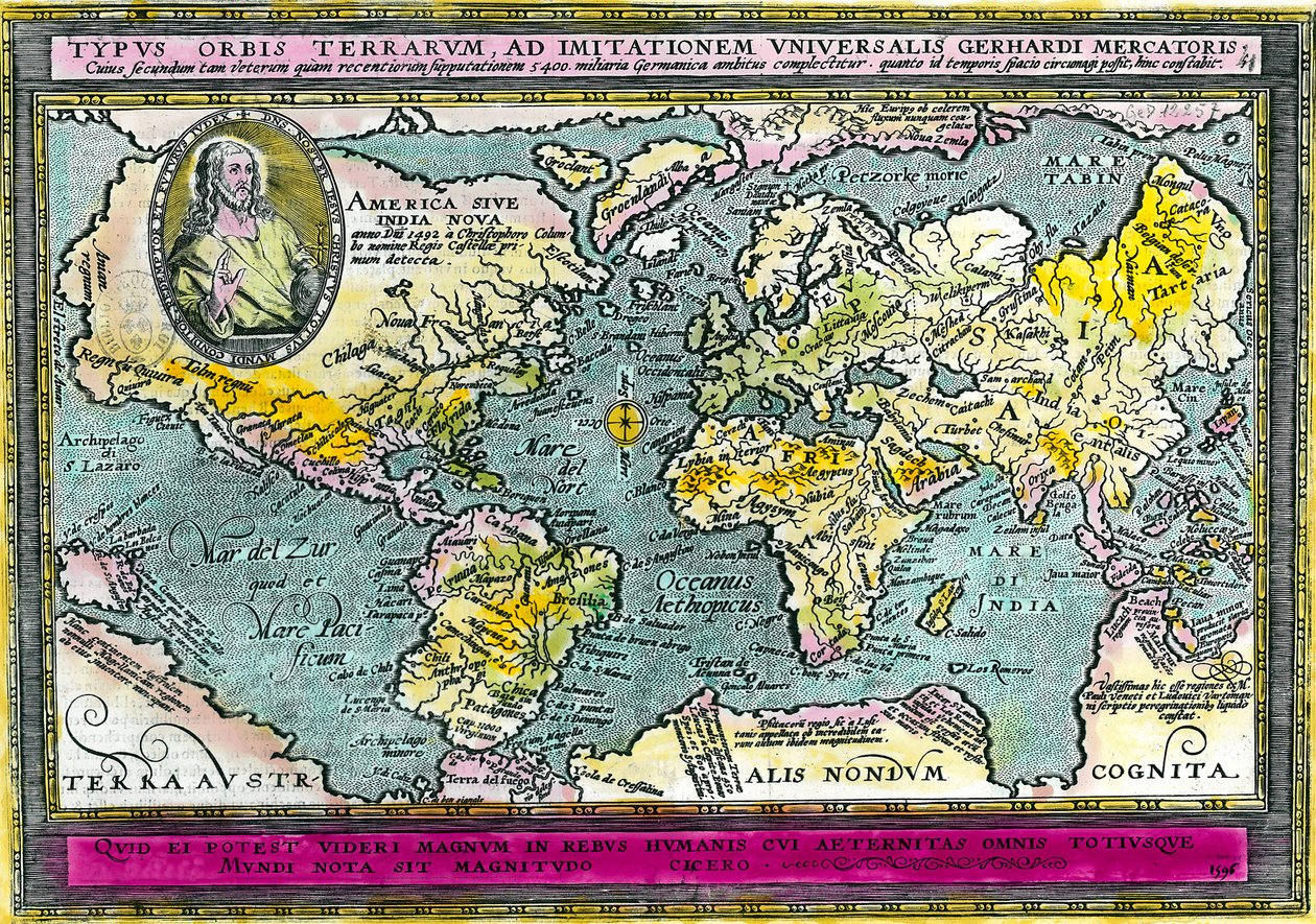 1596 Evrensel Coğrafi Haritası (Dünya Haritası). Gravür. Özel koleksiyon. by Unknown artist