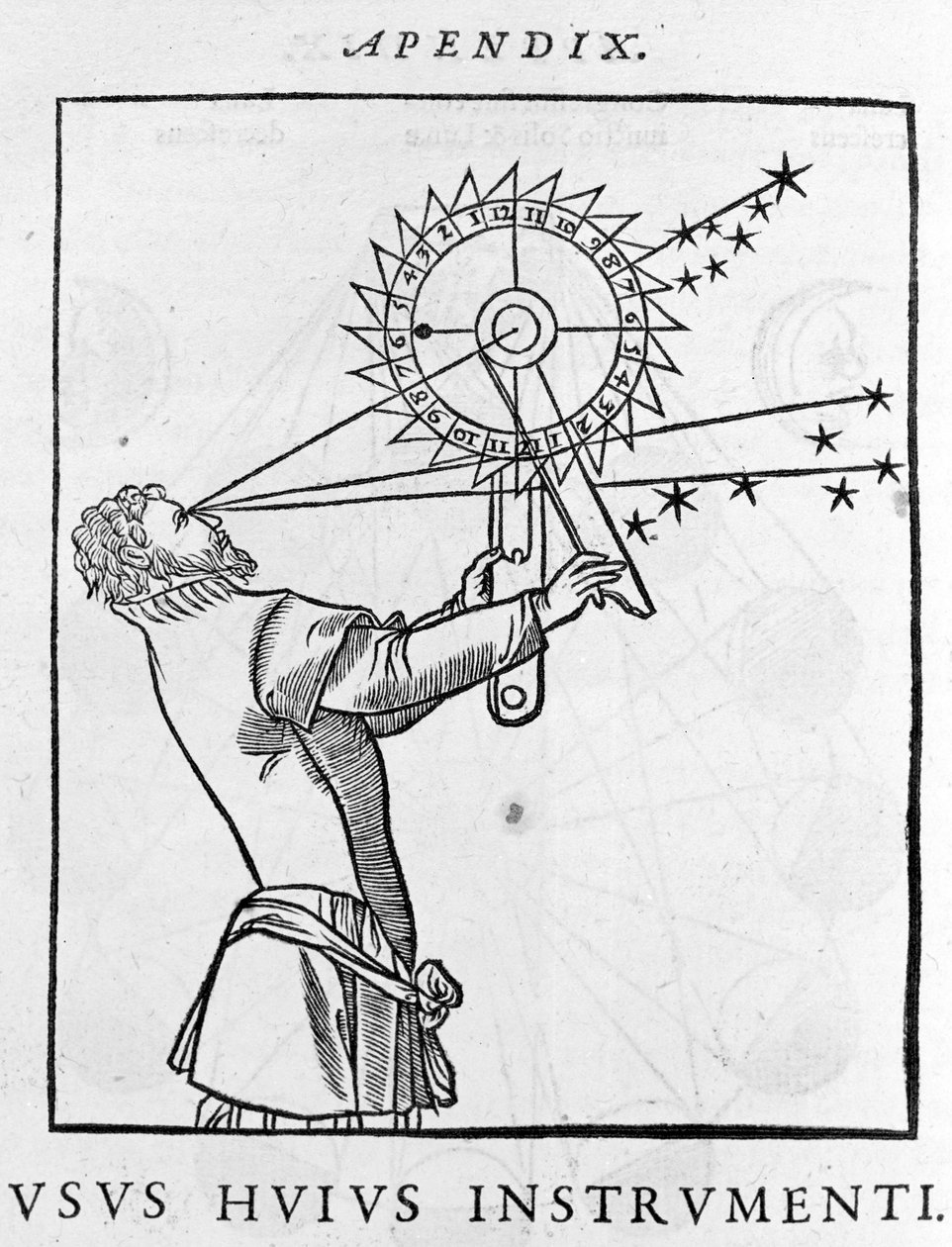 Geceleri yıldızlara göre zamanı hesaplamak için bir cihazın kullanılması (usturlab) - Cosmographia de Pietro Apiano, Paris 1551. by Unknown artist