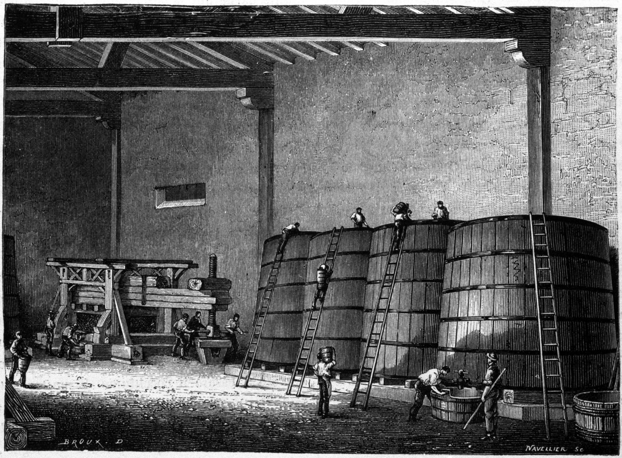 19. yüzyılın Burgundy Clos Vougeot Gravürünün şarap mahzenlerinde kullanılan fıçılar ve pres by Unknown artist
