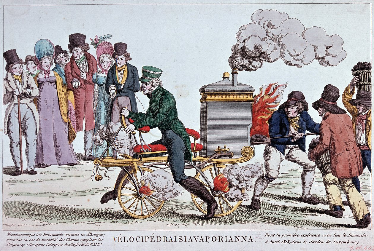 Velocipedraisiavaporianna: buharlı velocipede - 1818 civarında gravür, İncil. şehir manzarası. by Unknown artist