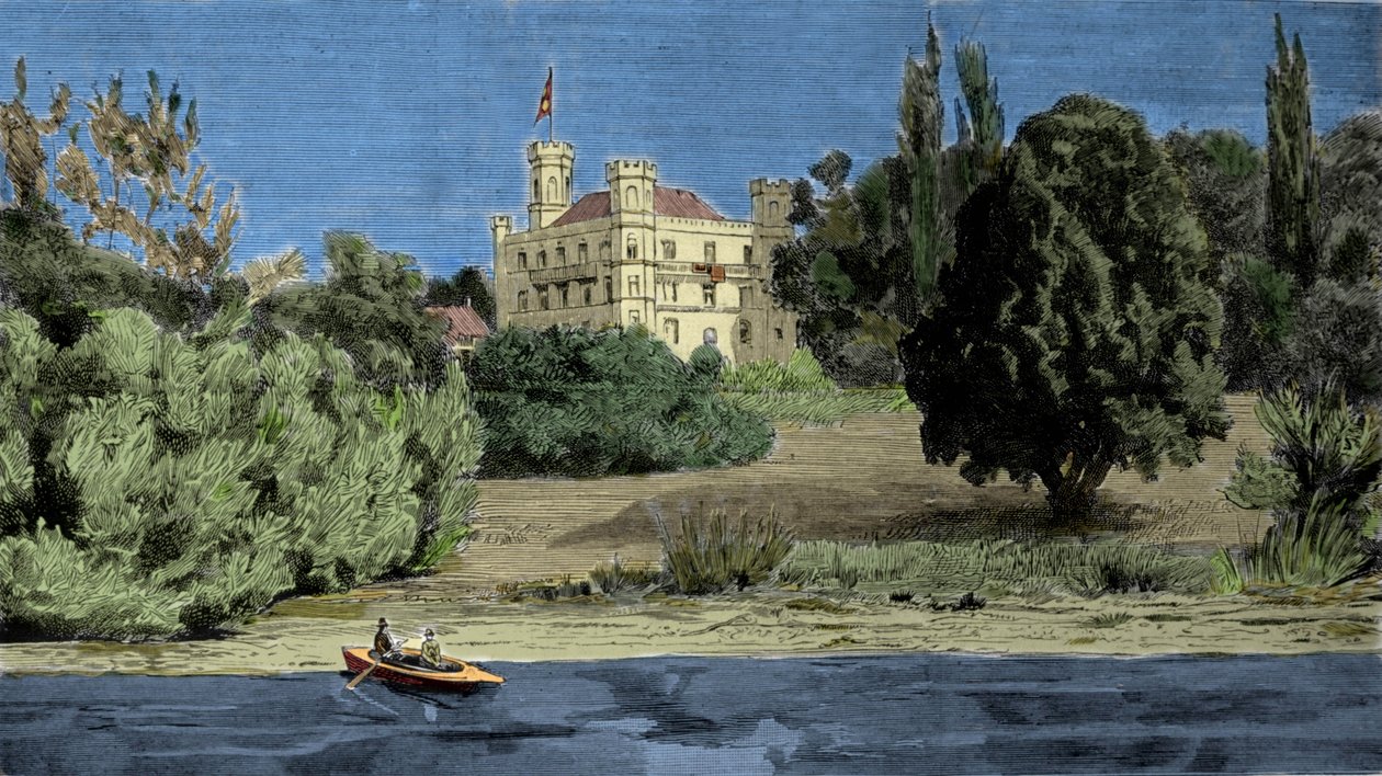 Baviere'li Louis II'nin cesedinin bulunduğu Berg Kalesi ve Stamberg Gölü'nün görünümü (Ludwig II von Bayern veya Ludwig Otto Frederik Wilhelm von Wittelsbach (1845-1886)). by Unknown artist