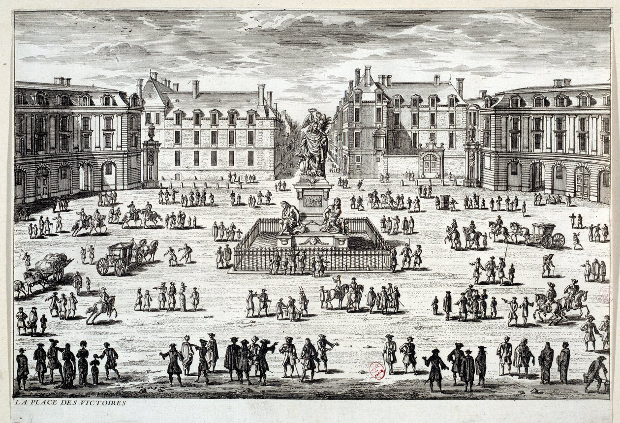 1686 yılında marechal de la Feuillade tarafından kaldırılan Louis XIV heykeli ile Paris'te Place des Victoires'ın görünümü. 17. yüzyıl Paris'inin gravürü, Musee Carnavalet by Unknown artist