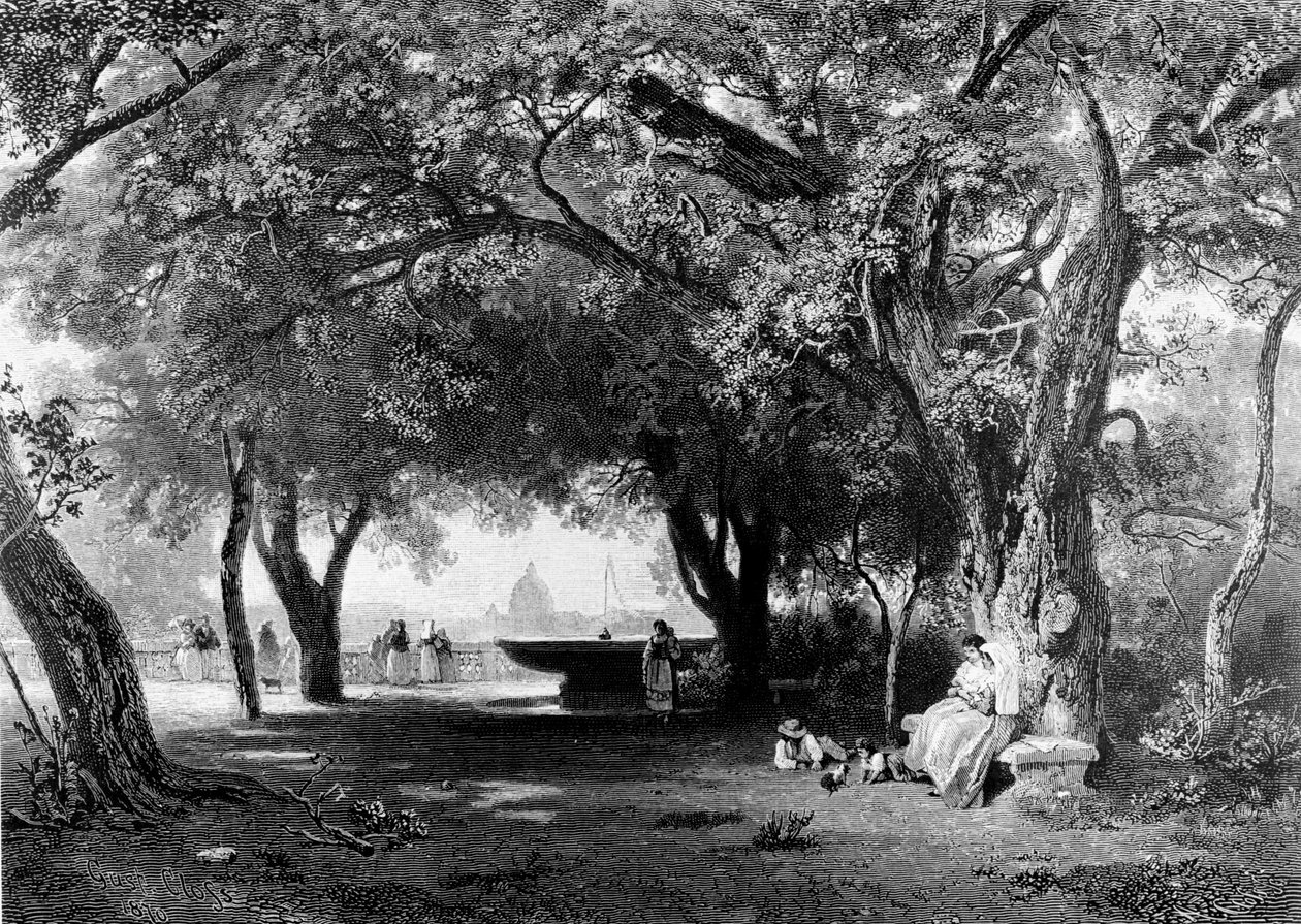 Villa Medici'nin bulunduğu Pincio'dan Roma manzarası. Arka planda Aziz Petrus'un kubbesini görüyoruz. Gravür, yaklaşık 1840. by Unknown artist