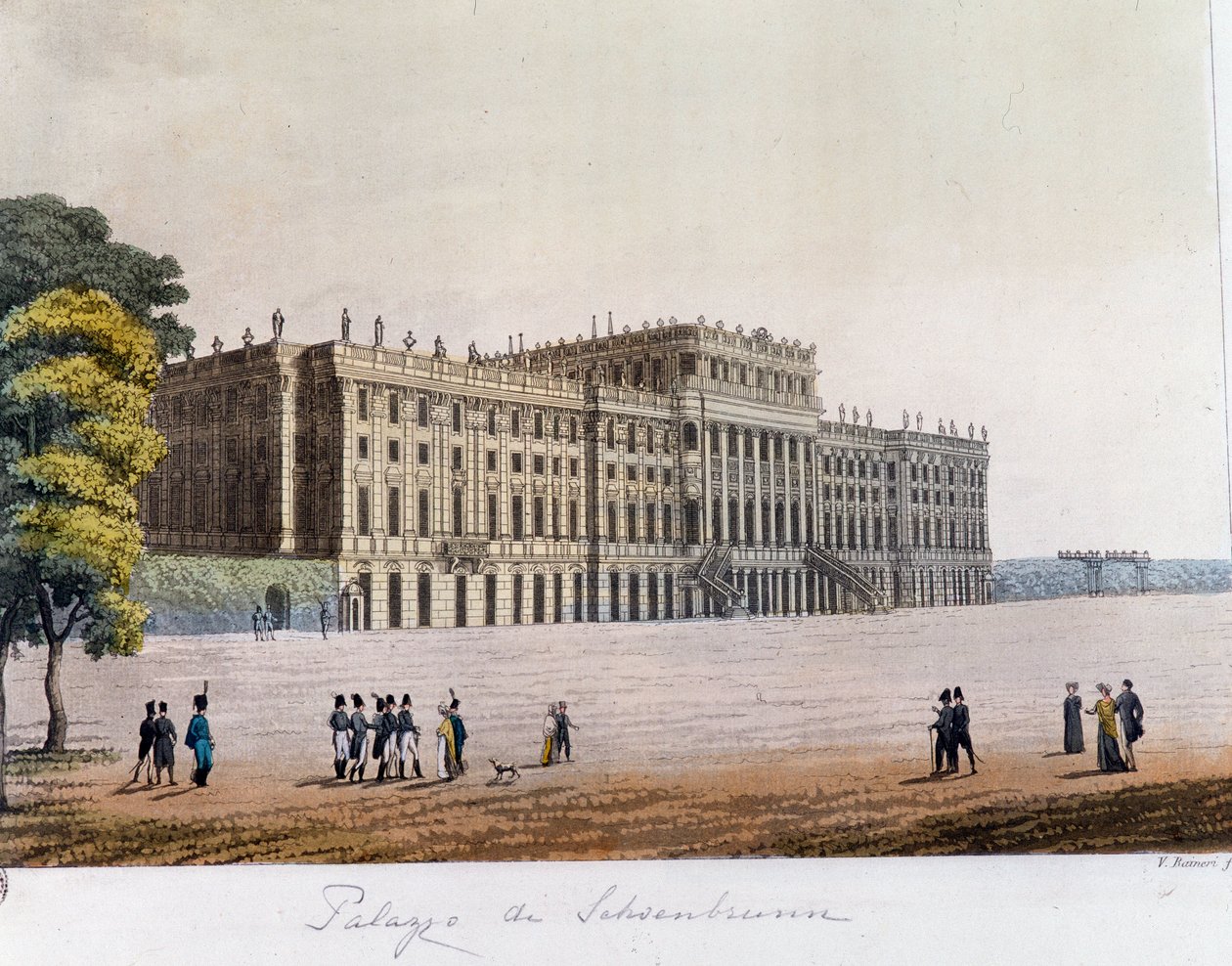 Viyana, Avusturya'daki Schonbrunn Sarayı'nın (Schoenbrunn) görünümü. 1826 Özel koleksiyondan gravür by Unknown artist