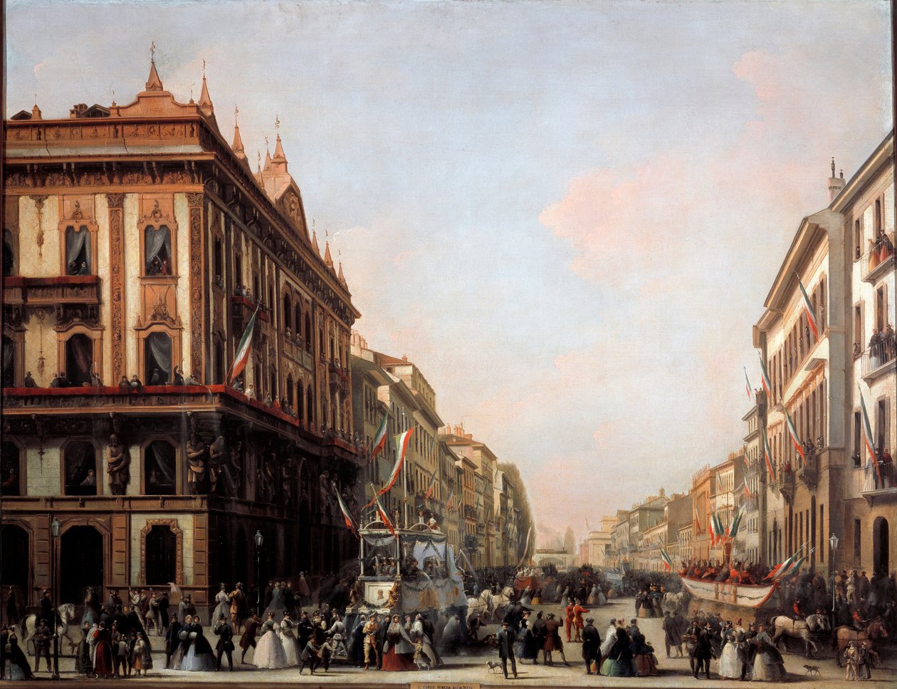 Karnaval şamandıralı Venezia caddesinin görünümü, Milano (resim) by Unknown artist