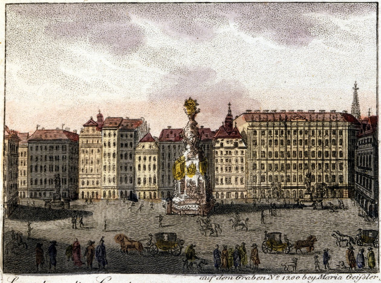 Viyana ve adını Romalıların şehri savunmak için kazdıkları hendekten alan Graben Meydanı (içi boş) manzarası. 19. yüzyılın yarısından litografi. by Unknown artist