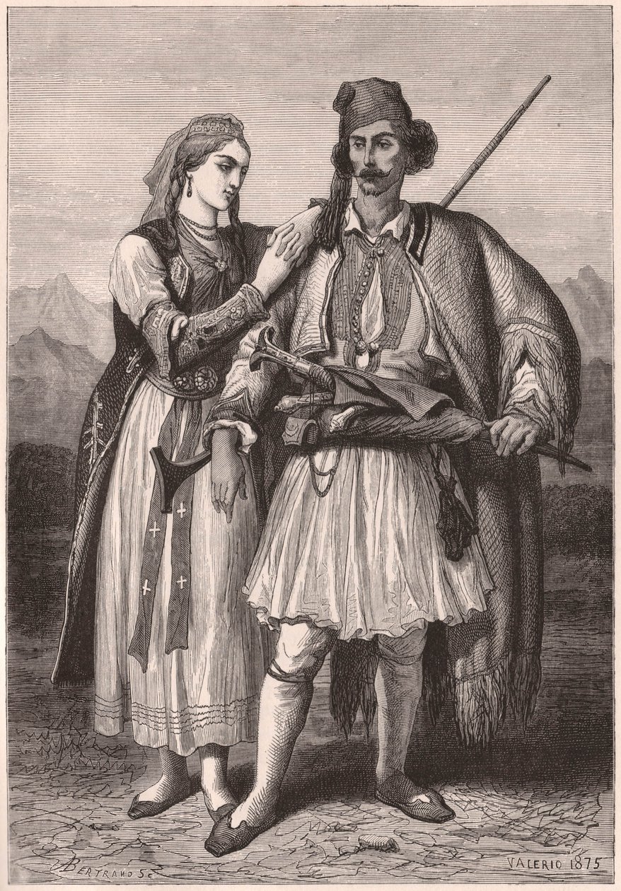 XIX yüzyılda Arnavut geleneksel kostümlü bir çiftin görünümü by Unknown