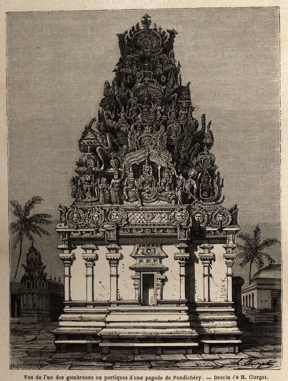 Bir pondichery pagodasının (Pondicherry) (Hindistan) gombrooons veya portiklerinden birinin görünümü. 1838'den 1844'e kadar Chillambaran pagodasına (Coromandel cote) yapılan bir keşif gezisini göstermek için, depo des cartes müdürü kontramiral Pari by Unknown artist