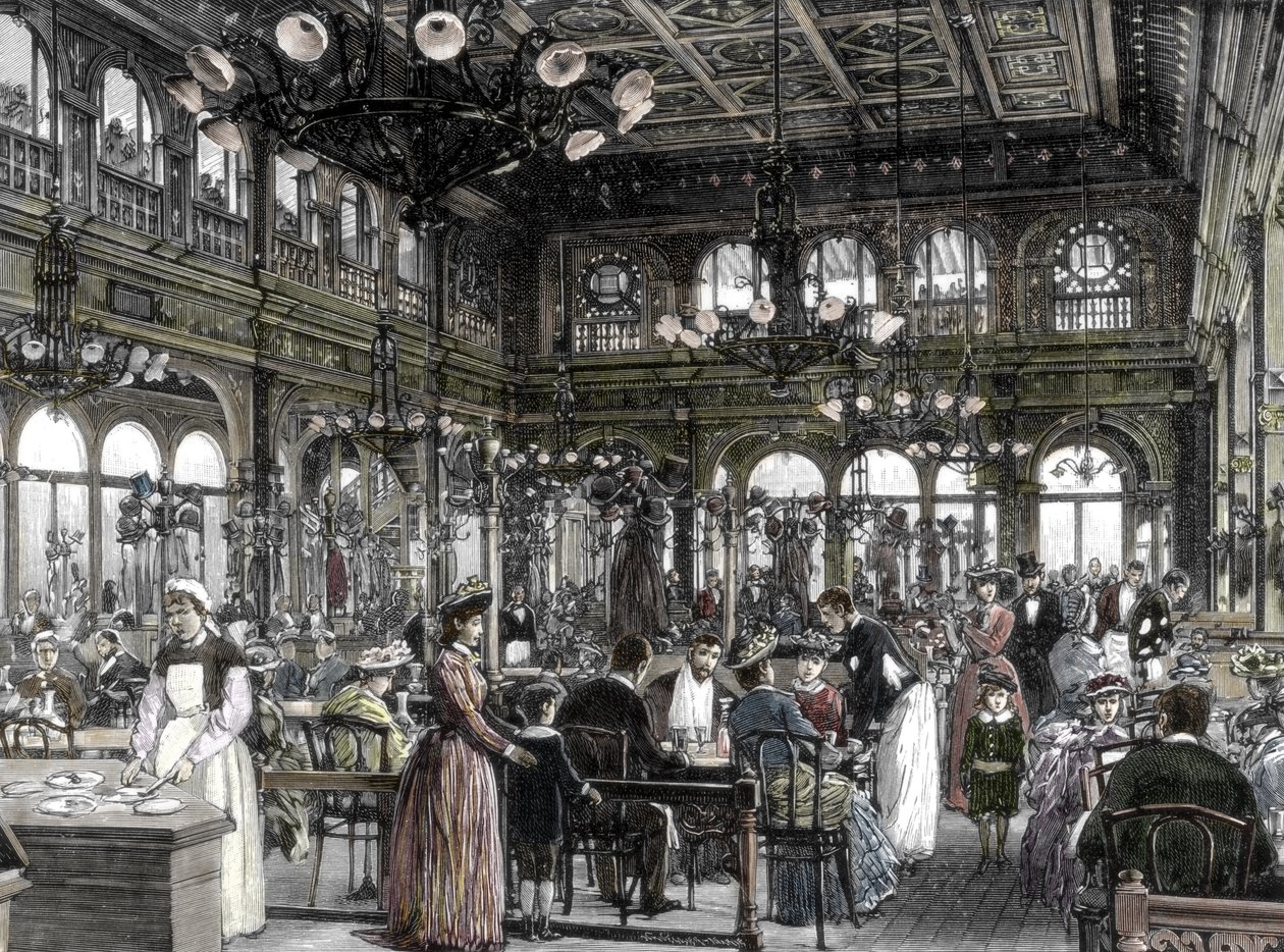 Alexandre Duval tarafından Paris 1880 - 1885'te kurulan ucuz işçi lokantası restoranlardan birinin (bulyon) görünümü. 19. yüzyıl (gravür) by Unknown artist