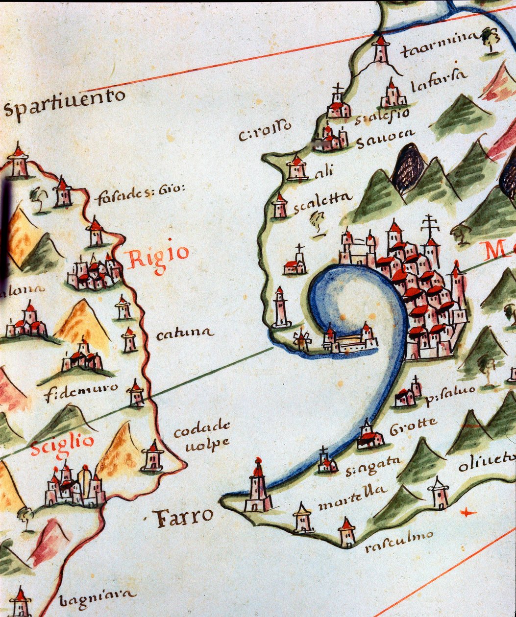 İtalya'da Calabria ve Sicilya arasındaki Messina Detroit'in görünümü. Castellini portulanın detayı by Unknown artist
