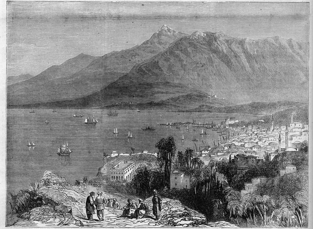 Beyrut Limanı ve Lübnan dağlarının manzarası. "" Şanlı Evren "de Gravür by Unknown artist