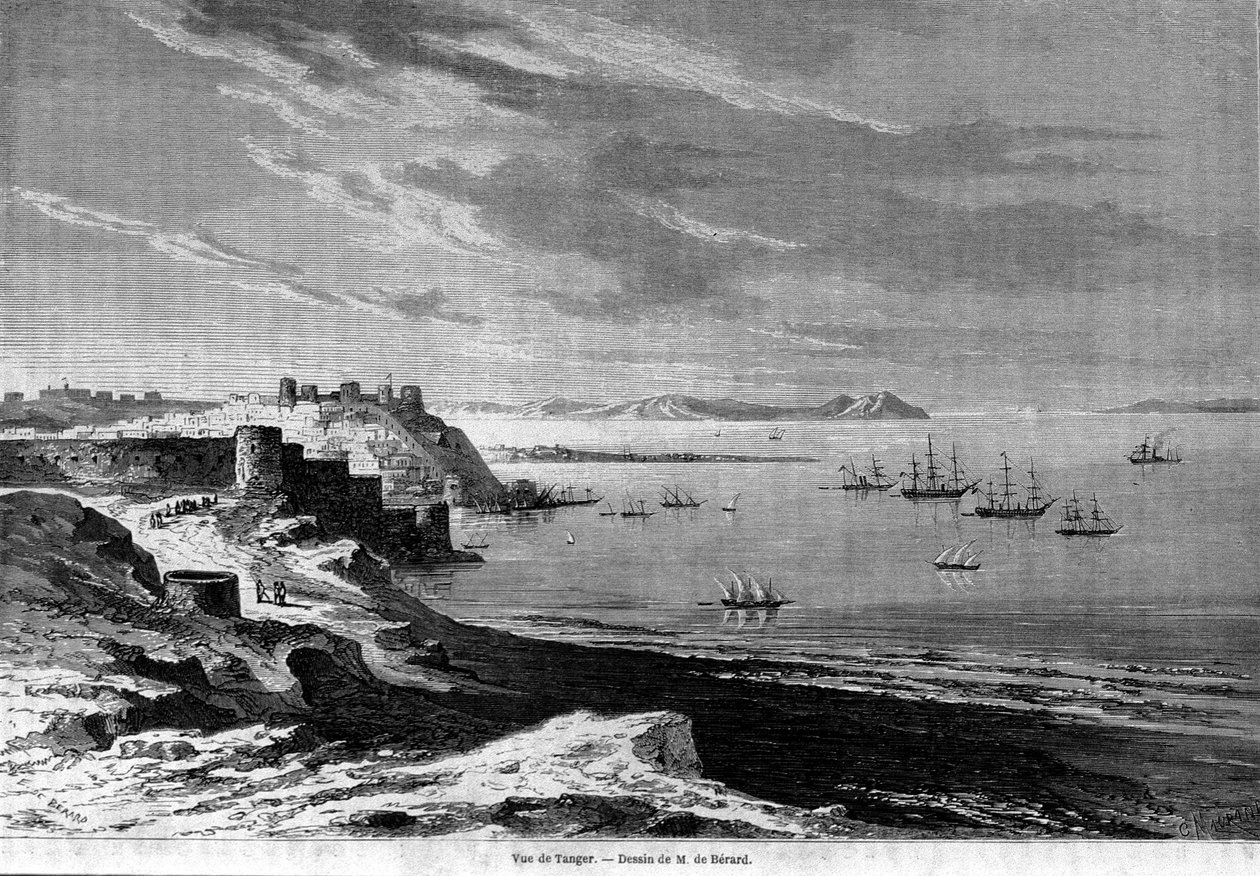 Müstahkem şehir Tangier ve sahil, Fas körfezinin görünümü. 1860 yılına ait gravür. by Unknown artist