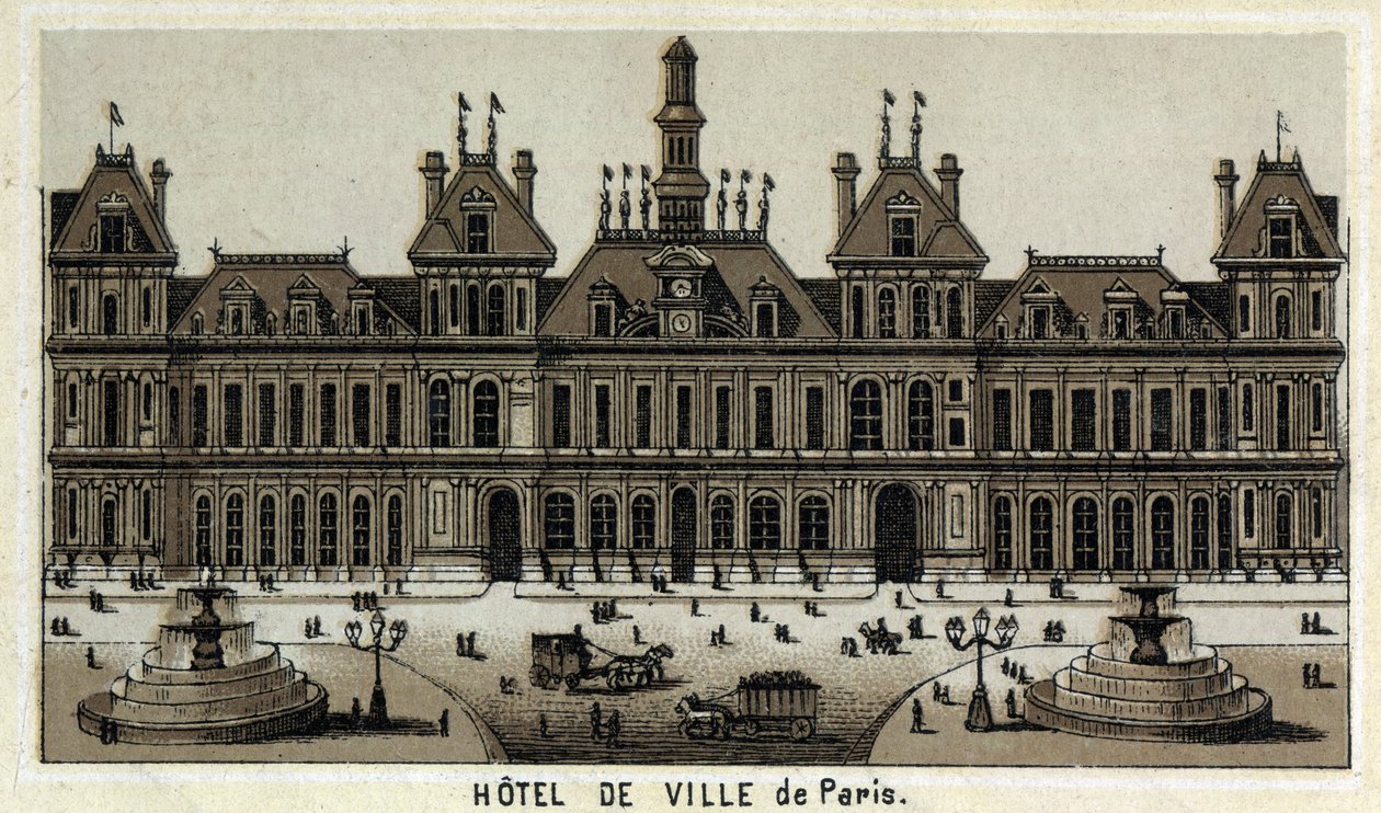 Paris ve Place belediye binasının görünümü. 19. yüzyılın sonunun kromolitografisi. by Unknown artist