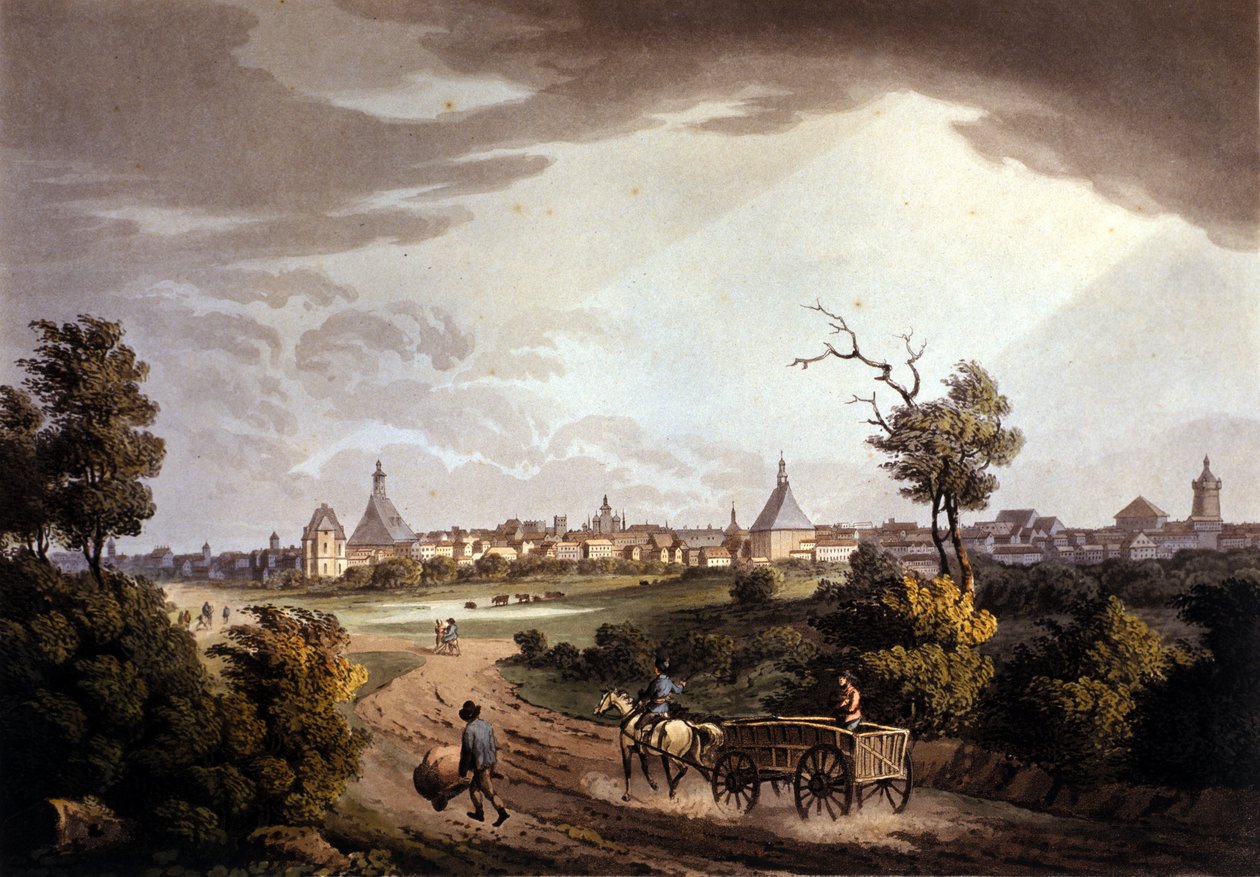 Almanya'da Leipzig şehrinin görünümü. 1820'den kalma litografi. by Unknown artist