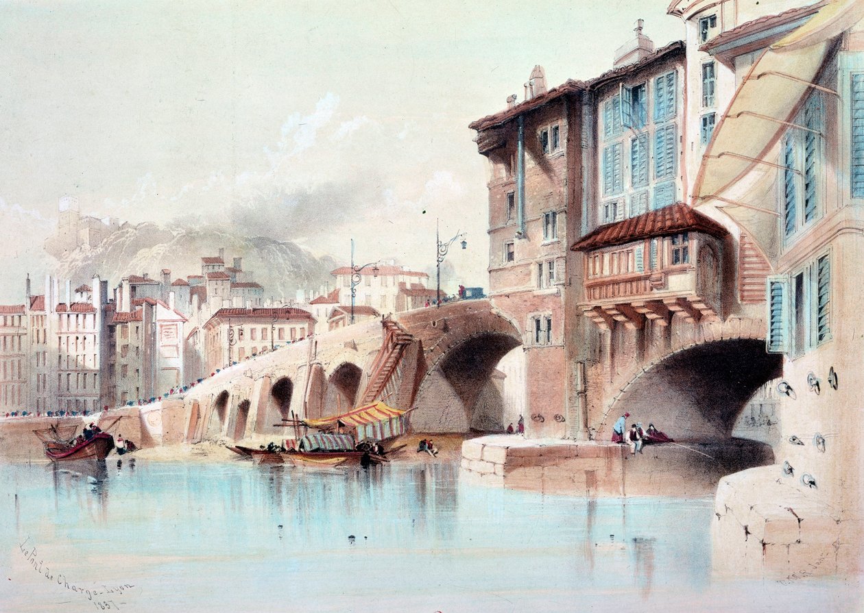 Lyon şehri ve Pont de Charge manzarası. 1837
