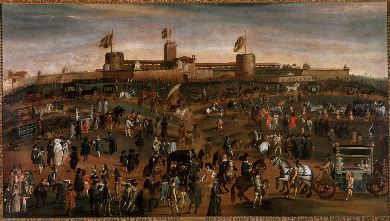 Milano şehrinin, Sforza kalesinin (castello Sforzesco) ve araba trafiğinin görünümü 1660-1670 civarında anonim resim Milano, Milano Müzesi by Unknown artist