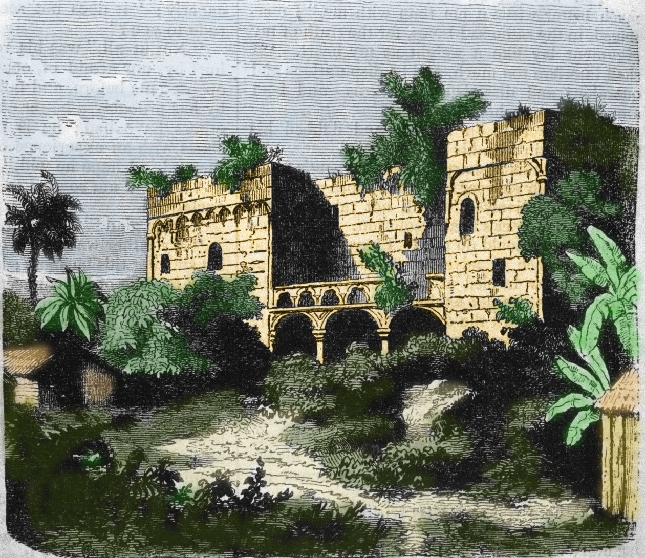 Christopher Columbus tarafından oğlu Diego Columbus (Diego Colon y Moniz) (1480-1526) için Santo Domingo adasında inşa edilen “Alcazar de Colón” evinin görünümü. 19. yüzyılın gravürü. by Unknown artist